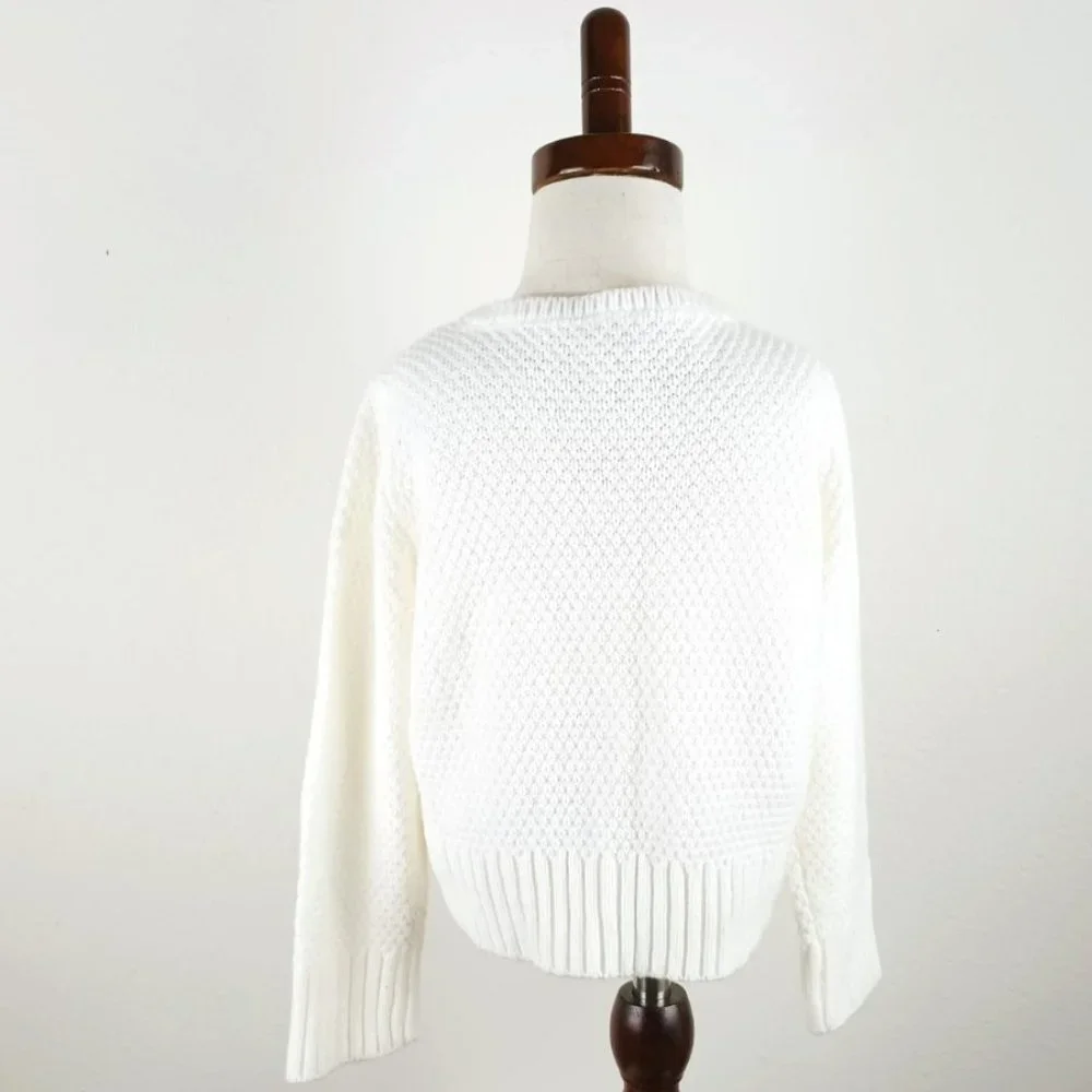 Girl's White Button Up Sweater 4 Waffle Knit Pattern.Orange Pom Pom Flowers